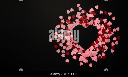 Striscione con cuore di piccola carta, cuori rossi e rosa. Copyspace, sfondo nero. Biglietto di San Valentino Foto Stock