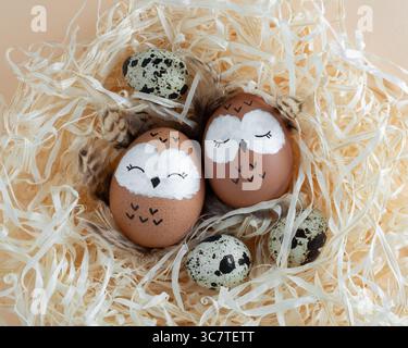 Due gufi dormienti nel nido. Uova di Pasqua marroni, uova di quaglia su paglia gialla. Foto Stock