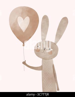 Illustrazione Vcetor disegnata a mano di Gray Bunny con palloncino su sfondo bianco. Grafica carina ideale per Baby Boy o Baby Girl. Arte vivaio Illustrazione Vettoriale