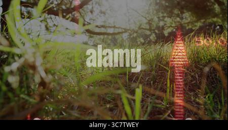 Freccia olografica rossa al neon che galleggia sopra l'erba illuminata dal sole sul pavimento della foresta, con HUD numerico Foto Stock