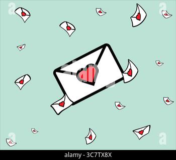 Lettere d'amore che cadono da una busta grande con il cuore rosso Illustrazione Vettoriale
