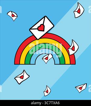 Lettere d'amore che fluttuano intorno a un arcobaleno per offrire affetto e romanticismo Illustrazione Vettoriale