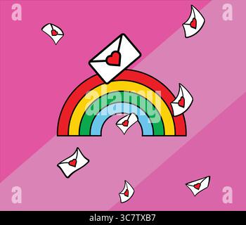 Lettere d'amore che fluttuano intorno a un arcobaleno per offrire affetto e romanticismo Illustrazione Vettoriale