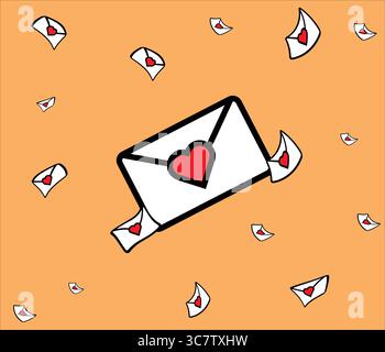 Lettere d'amore che cadono da una busta grande con il cuore rosso Illustrazione Vettoriale