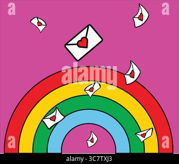 Lettere d'amore che fluttuano intorno a un arcobaleno per offrire affetto e romanticismo Illustrazione Vettoriale