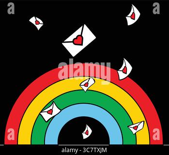 Lettere d'amore che fluttuano intorno a un arcobaleno per offrire affetto e romanticismo Illustrazione Vettoriale