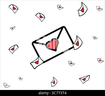 Lettere d'amore che cadono da una busta grande con il cuore rosso Illustrazione Vettoriale