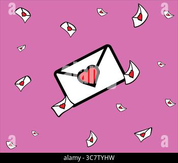 Lettere d'amore che cadono da una busta grande con il cuore rosso Illustrazione Vettoriale