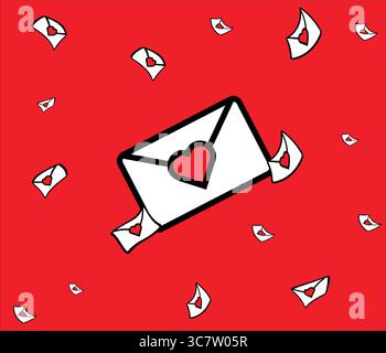 Lettere d'amore che cadono da una busta grande con il cuore rosso Illustrazione Vettoriale