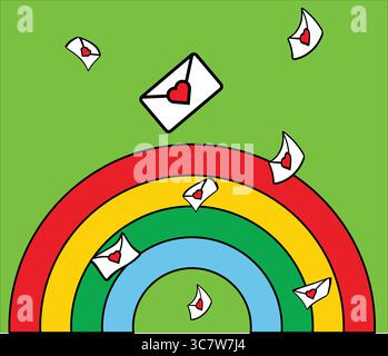 Lettere d'amore che fluttuano intorno a un arcobaleno per offrire affetto e romanticismo Illustrazione Vettoriale