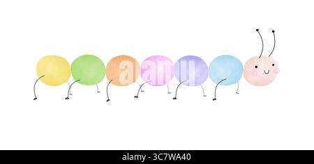 Allegro verme colorato disegnato a mano su sfondo bianco. Illusione vettoriale di Caterpillar sorridente simile al disegno infantile. Arte nursery con Happy Worm. Illustrazione Vettoriale