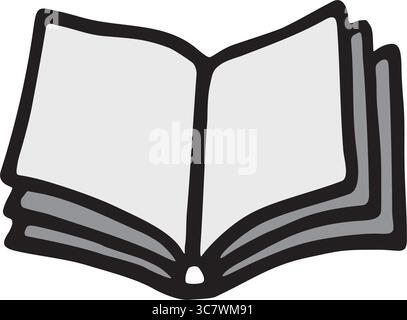 Icona a forma di libro aperto disegnata a mano con linea nera in stile a mano libera, di colore grigio Illustrazione Vettoriale