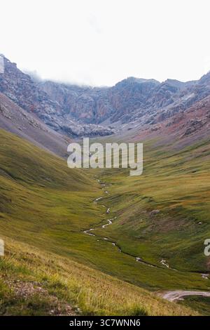 Un'immagine verticale di un tortuoso fiume che scorre attraverso una vasta valle verde con ripide montagne rocciose su entrambi i lati sotto un cielo nuvoloso Foto Stock