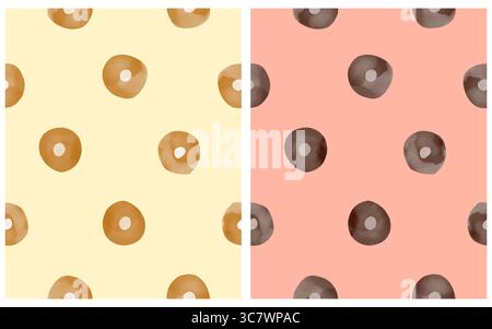 Graziosi motivi vettoriali irregolari astratti disegnati a mano con puntini Polka. Puntini dipinti ad acquerello su sfondo giallo e rosa blu. Illustrazione Vettoriale