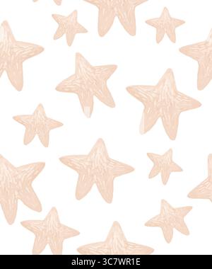Stampa infantile con stelle marroni.motivo vettoriale senza cuciture irregolare con stelle disegnate a mano su sfondo bianco. Stampa semplice di piatti stellati infantili. Illustrazione Vettoriale