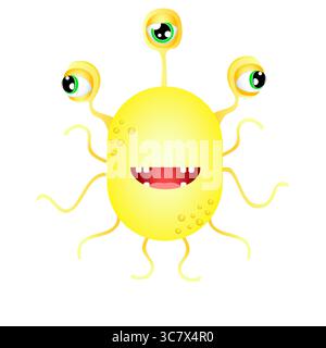 Simpatico mostro cartoni animati con tre occhi con tentacoli e un grande sorriso Illustrazione Vettoriale