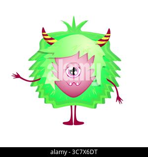 Colorato mostro cartoni animati con un occhio con i capelli spirosi verdi e le corna rosse su sfondo bianco Illustrazione Vettoriale