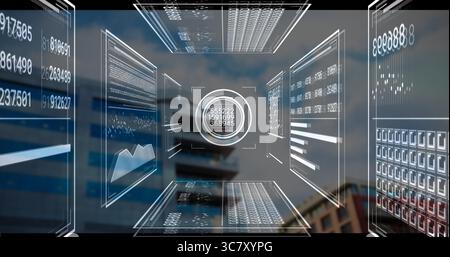 Lettura traslucida che mostra tre righe di numeri nel paesaggio urbano, con pannelli dati Foto Stock