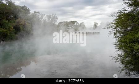 Un caldo lago geotermico con una piattaforma panoramica al centro di esso, nuova Zelanda Foto Stock