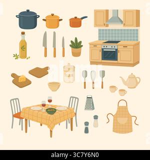 Utensili da cucina e mobili con design piatto Illustrazione Vettoriale
