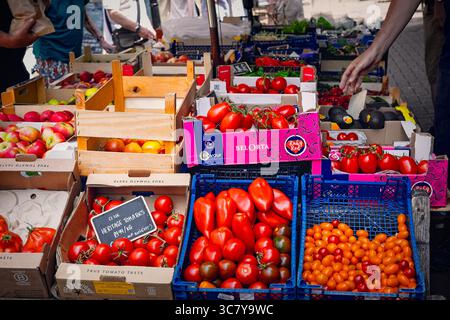 Prodotti freschi in un mercato agricolo. Pomodori colorati, mele e altri tipi di frutta e verdura in esposizione. Foto Stock