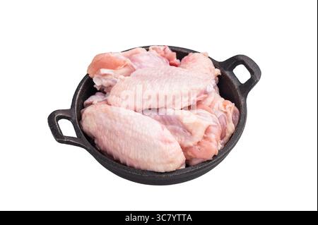 Succose ali ali di pollo crude, un ingrediente versatile perfetto per friggere, cuocere o grigliare alla perfezione. isolato su sfondo bianco. vista dall'alto. Foto Stock