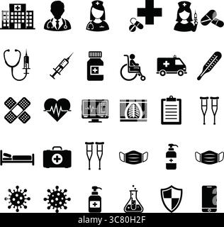 Set icone mediche Vector, Clipart sanitario, ospedale, Dottore, infermiere, medicina, attrezzature, emergenza, maschera, letto, siringa, contorno semplice, salute. Illustrazione Vettoriale