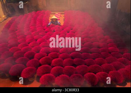 Donna in abbigliamento tradizionale vietnamita che lavora in un cortile collezionando mazzi di bastoncini di Incense rossi, Hanoi, Vietnam Foto Stock