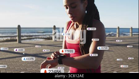 Verifica delle metriche di monitoraggio dell'abbigliamento sportivo sul marciapiede con orologio e icone, spazio copia Foto Stock