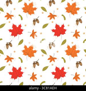 Motivo autunnale senza cuciture con foglie d'acero colorate, ghiande, semi e fogliame. Design stagionale disegnato a mano in tonalità calde per un packaging a tema autunnale Illustrazione Vettoriale
