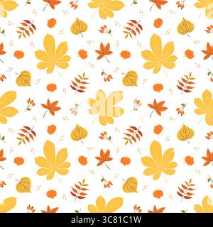 Motivo autunnale senza cuciture con foglie di castagno, acero e betulla, frutti di bosco e fitis. Elementi botanici autunnali disegnati a mano per carta da imballaggio stagionale Illustrazione Vettoriale