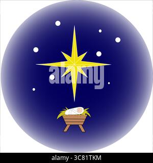 Illustrazione della stella di Natale. Simbolo del vettore mangiatoia incandescente. Scena delle vacanze invernali. Cielo notturno luminoso. Illustrazione Vettoriale