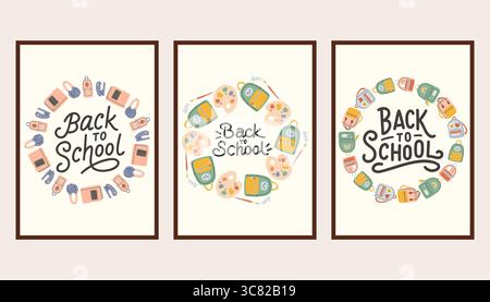 Un semplice set di poster per tornare a scuola. Striscioni e sfondi scolastici alla moda. Design moderno con forniture scolastiche, adesivi didattici, scarabocchi. Torna a scuola Illustrazione Vettoriale