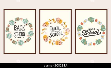 Un semplice set di poster per tornare a scuola. Striscioni e sfondi scolastici alla moda. Design moderno con forniture scolastiche, adesivi didattici, scarabocchi. Torna a scuola Illustrazione Vettoriale
