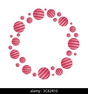 Allegra cornice circolare realizzata con palline a strisce color acquerello dai toni rossi. Perfetto per layout decorativi, inviti alla baby shower e biglietti d'auguri Foto Stock