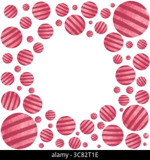 Allegra cornice circolare realizzata con palline a strisce color acquerello dai toni rossi. Perfetto per layout decorativi, inviti alla baby shower e biglietti d'auguri Foto Stock