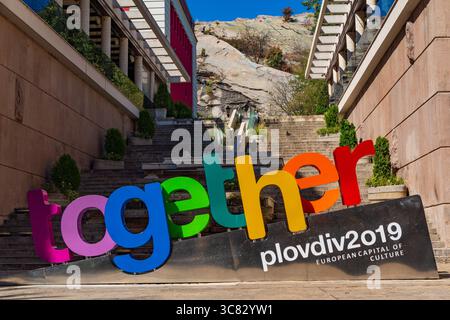 Segno di 2019 capitale europea della cultura a Plovdiv, Bulgaria Foto Stock