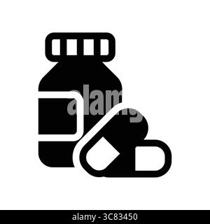 Un'illustrazione in bianco e nero con una bottiglia di medicina accanto a capsule, ideale per la salute, la farmacia e temi di benessere. Perfetto per ed u Illustrazione Vettoriale