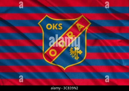 Pringsewu, Lampung; 3 agosto 2025; struttura del logo della bandiera della squadra di calcio Odra Opole, campionato di calcio polacco 1 Foto Stock