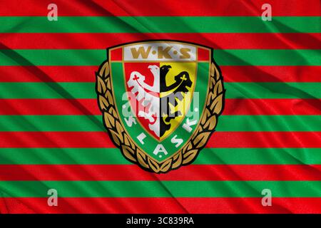 Pringsewu, Lampung; 3 agosto 2025; struttura del logo della bandiera della squadra di calcio lsk Wrocaw, campionato di calcio polacco 1 Foto Stock