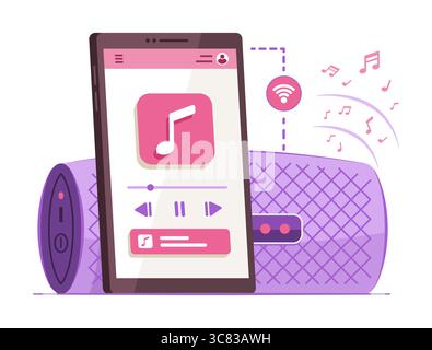 Smartphone collegato con altoparlante wireless portatile tramite segnale Wi-Fi per riprodurre Song for Wireless Connection Technology e il concetto di intrattenimento Illustrazione Vettoriale