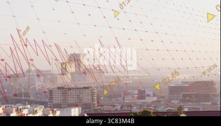 Visualizzazione dello skyline sfocato con un grafico a zig-zag sovrapposto a griglia rossa con marcatori gialli con etichette temporali Foto Stock