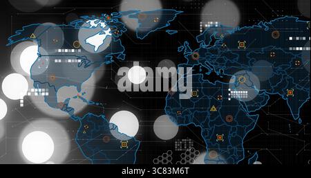 Visualizzazione del contorno della mappa del mondo stilizzato sull'interfaccia digitale, con cerchi a strati e marcatori di dati Foto Stock