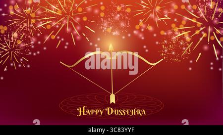 Indian Happy Holiday of Dushehra Dussehra poster con arco e frecce. Modello di cartolina per il web design dei social media. Illustrazione vettoriale. Illustrazione Vettoriale
