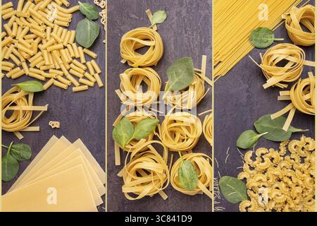 Diversi tipi di pasta su un collage alimentare di sfondo scuro Foto Stock