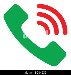 Icona del vettore del ricevitore telefonico verde con onde di segnale rosse che simboleggiano le chiamate vocali di telecomunicazione attive l'assistenza clienti e il contatto digitale wireless Illustrazione Vettoriale
