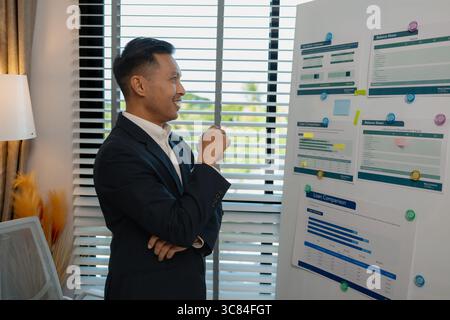 Immagine di un bell'uomo d'affari che lavora in ufficio, allegro imprenditore professionista che lavora seduto alla scrivania dell'ufficio, contabile Foto Stock