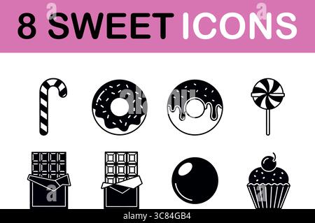 Deliziosa collezione di otto icone di dolciumi con ciambelle, caramelle, cioccolato e cupcake per un design gioioso. Illustrazione Vettoriale