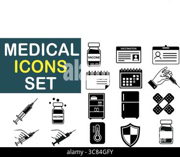 Icone mediche e vaccinazioni essenziali per il branding di sanità, scienza e benessere Illustrazione Vettoriale