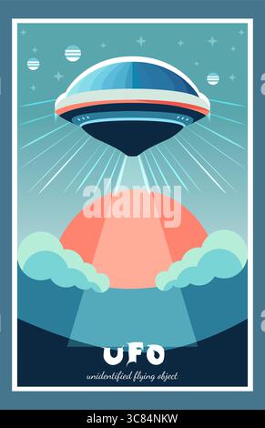 UFO, oggetto volante non identificato in stile poster retrò. Misterioso disco volante nel cielo, concetto di vita aliena, spazio, fantascienza, design vintage V Illustrazione Vettoriale